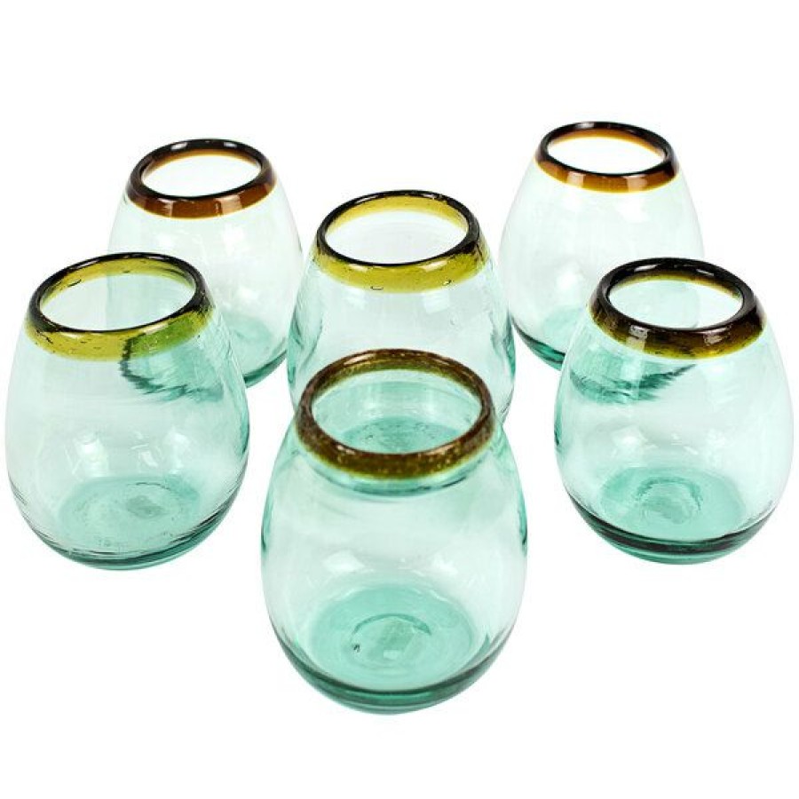 Wine Glasses * Kalalou 18 Oz. Recycled Stemless Wine Glass With Amber Rim 6/Case