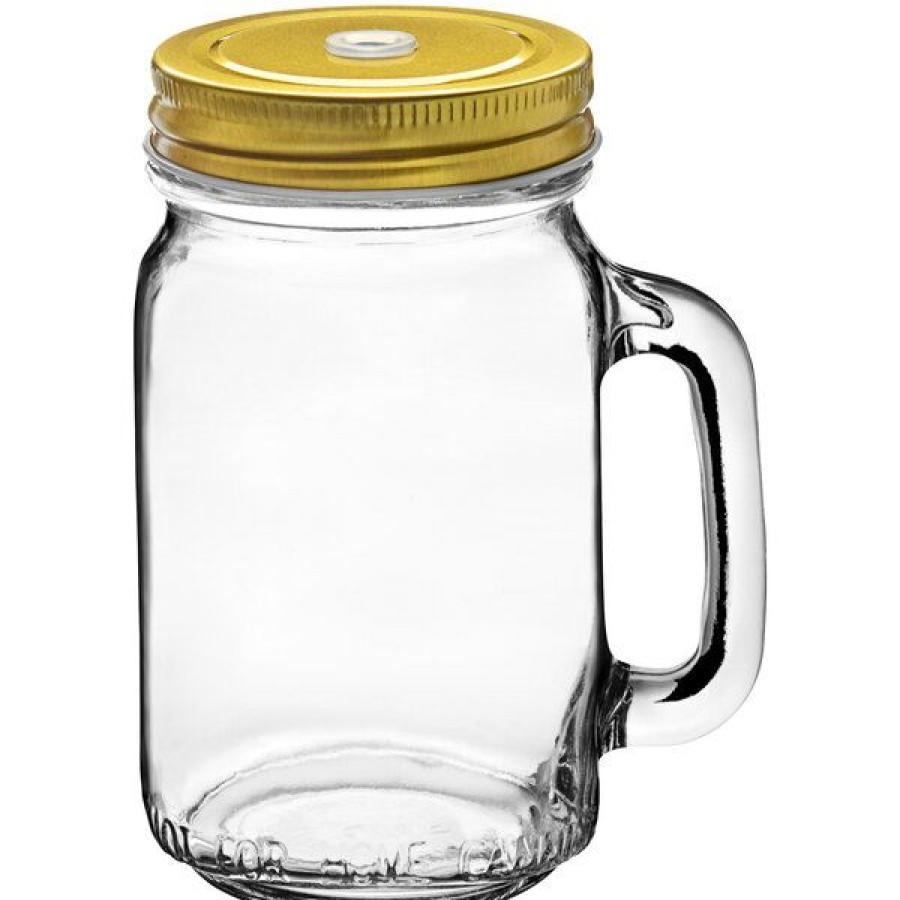 Cocktail Glasses * Acopa Rustic Charm 16 Oz. Drinking Jar With Handle And Gold Metal Lid With Straw Hole 12/Case