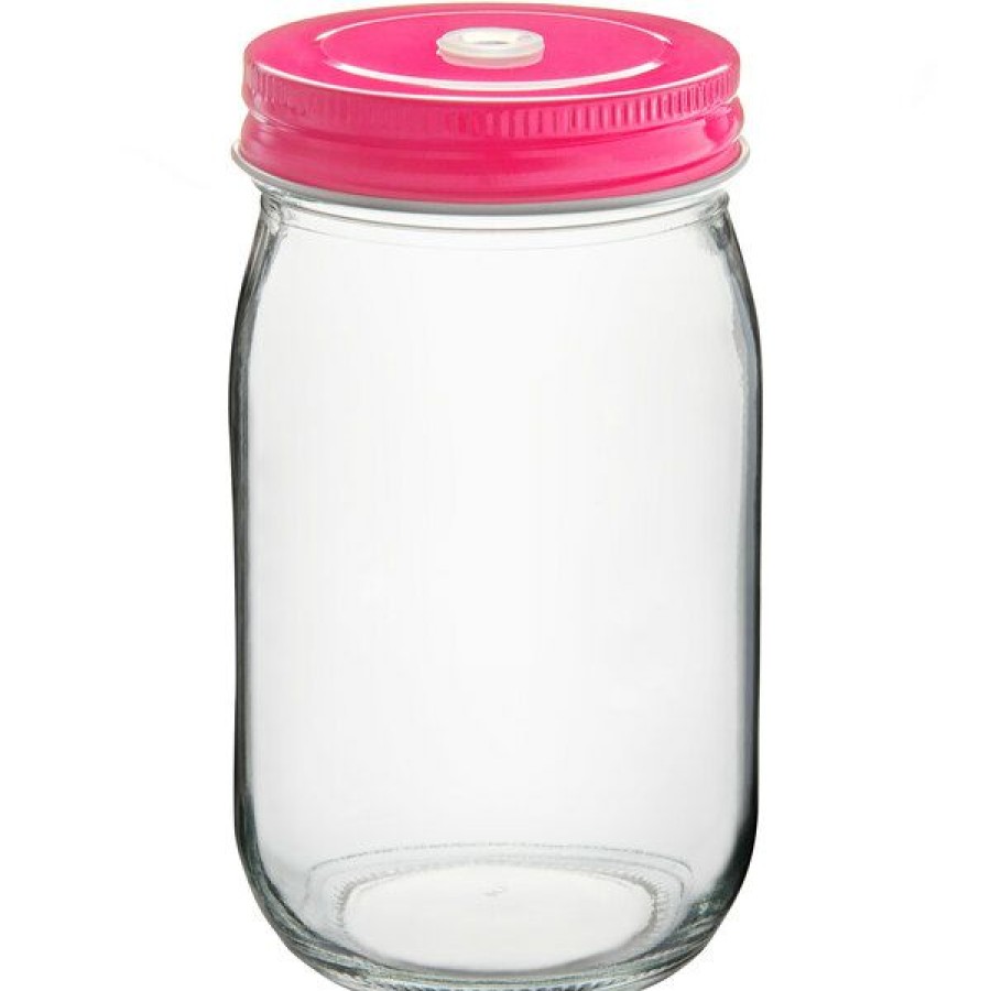 Cocktail Glasses * Acopa Rustic Charm 16 Oz. Drinking Jar With Pink Metal Lid With Straw Hole 12/Case