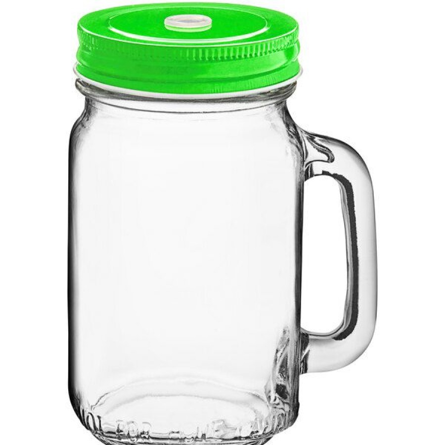 Cocktail Glasses * Acopa Rustic Charm 16 Oz. Drinking Jar With Handle And Green Metal Lid With Straw Hole 12/Case