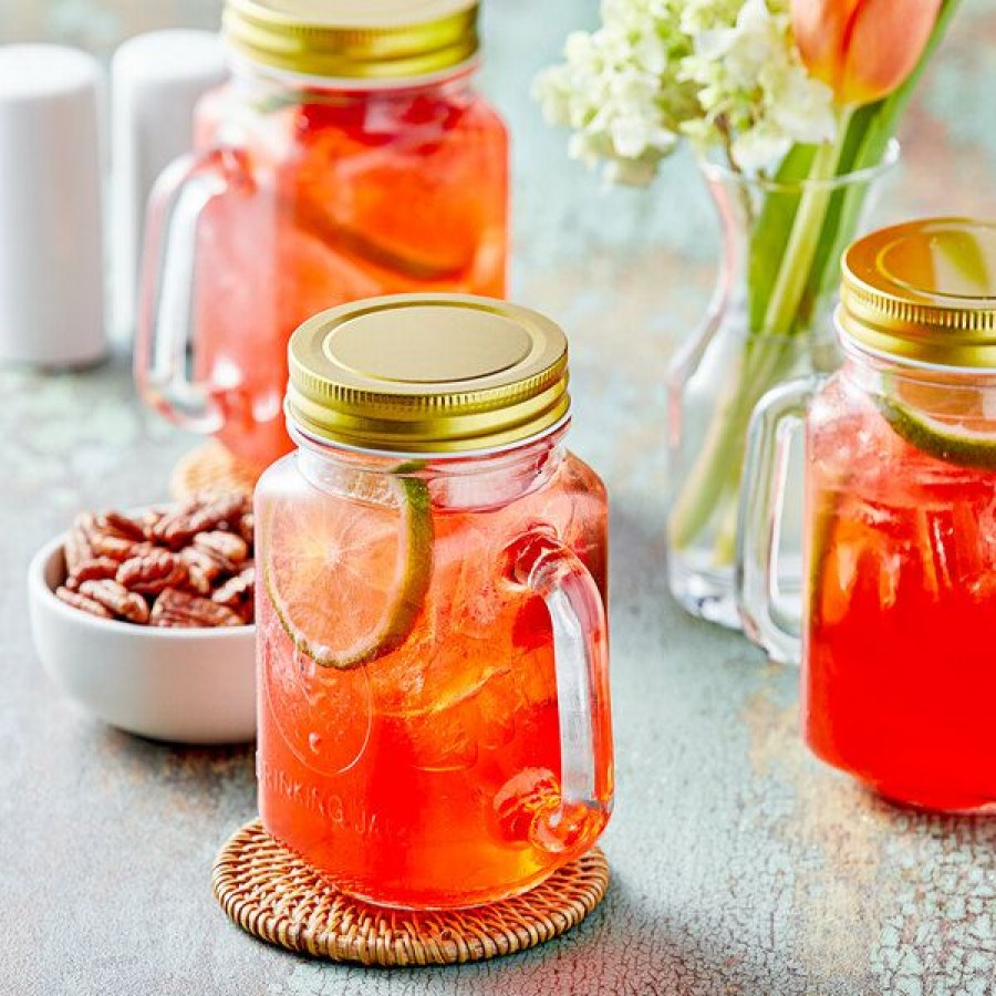 Cocktail Glasses * Acopa Rustic Charm 16 Oz. County Fair Drinking Jar / Mason Jar With Handle And Gold Metal Lid 12/Case