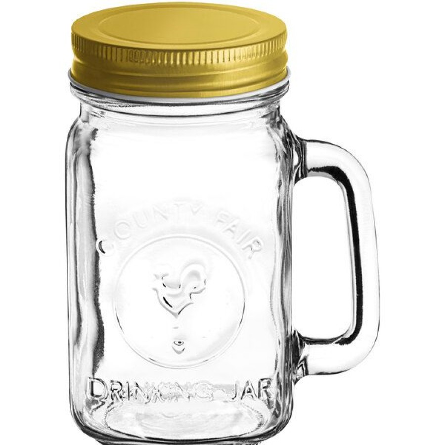 Cocktail Glasses * Acopa Rustic Charm 16 Oz. County Fair Drinking Jar / Mason Jar With Handle And Gold Metal Lid 12/Case